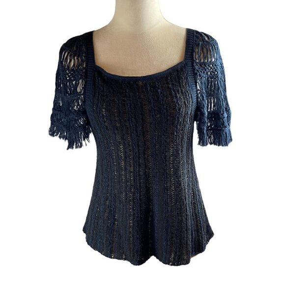 Free People Black and Navy Lightweight Short Sleeve Sweater, Size S - Picture 2 of 7